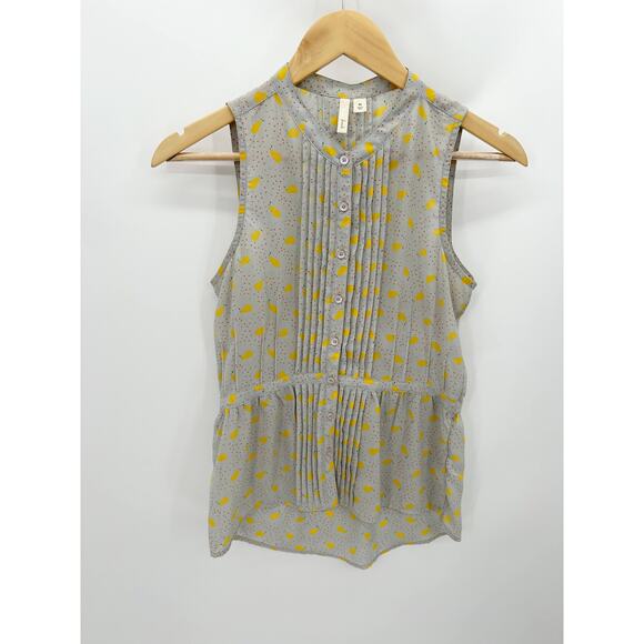 Frenchi Top Women XS Grey Yellow Splatter Print Button Front Pintuck Sleeveless - Picture 8 of 8